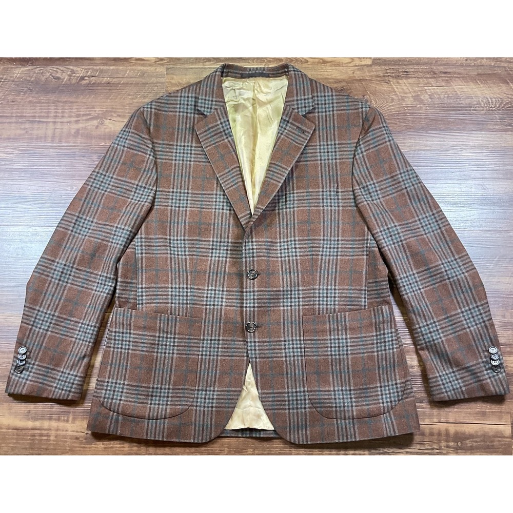 Liam John Sport Coat 46R Brown Plaid Wool Cashmere Snowflake Fabric Italy Blazer